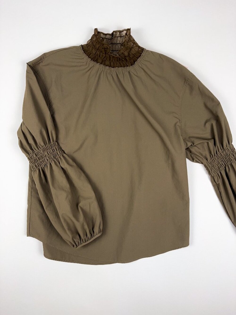 INITIAL Japanese Fabric Women's Smocked Ruffle Turtleneck Balloon Sleeve Blouse
